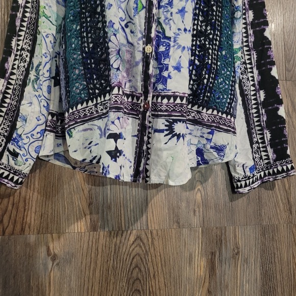 Desigual Mixed Print Blouse Sz 2XL Artsy Button Up Crochet Boho Buttons Abstract - Picture 8 of 13